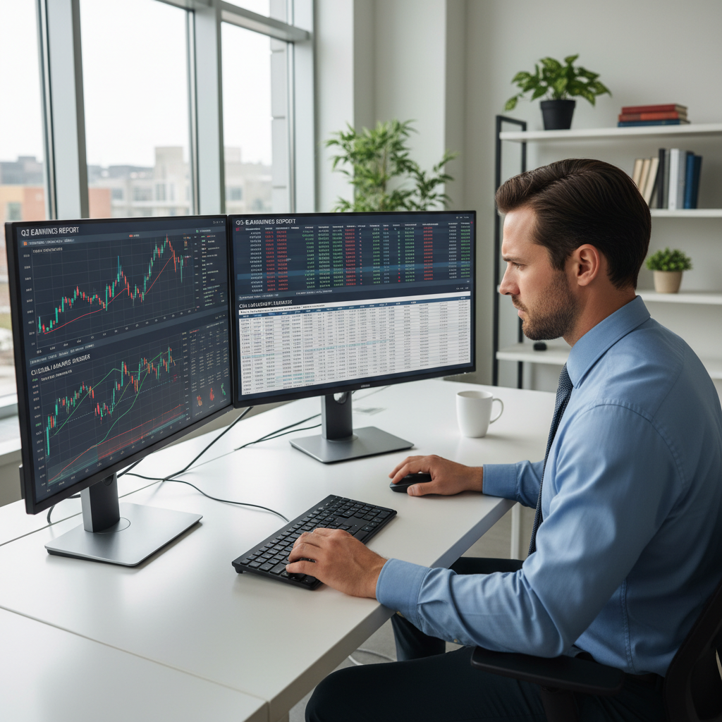 Financial analyst reviewing data charts on a bright monitor, open office with large windows and natural daylight