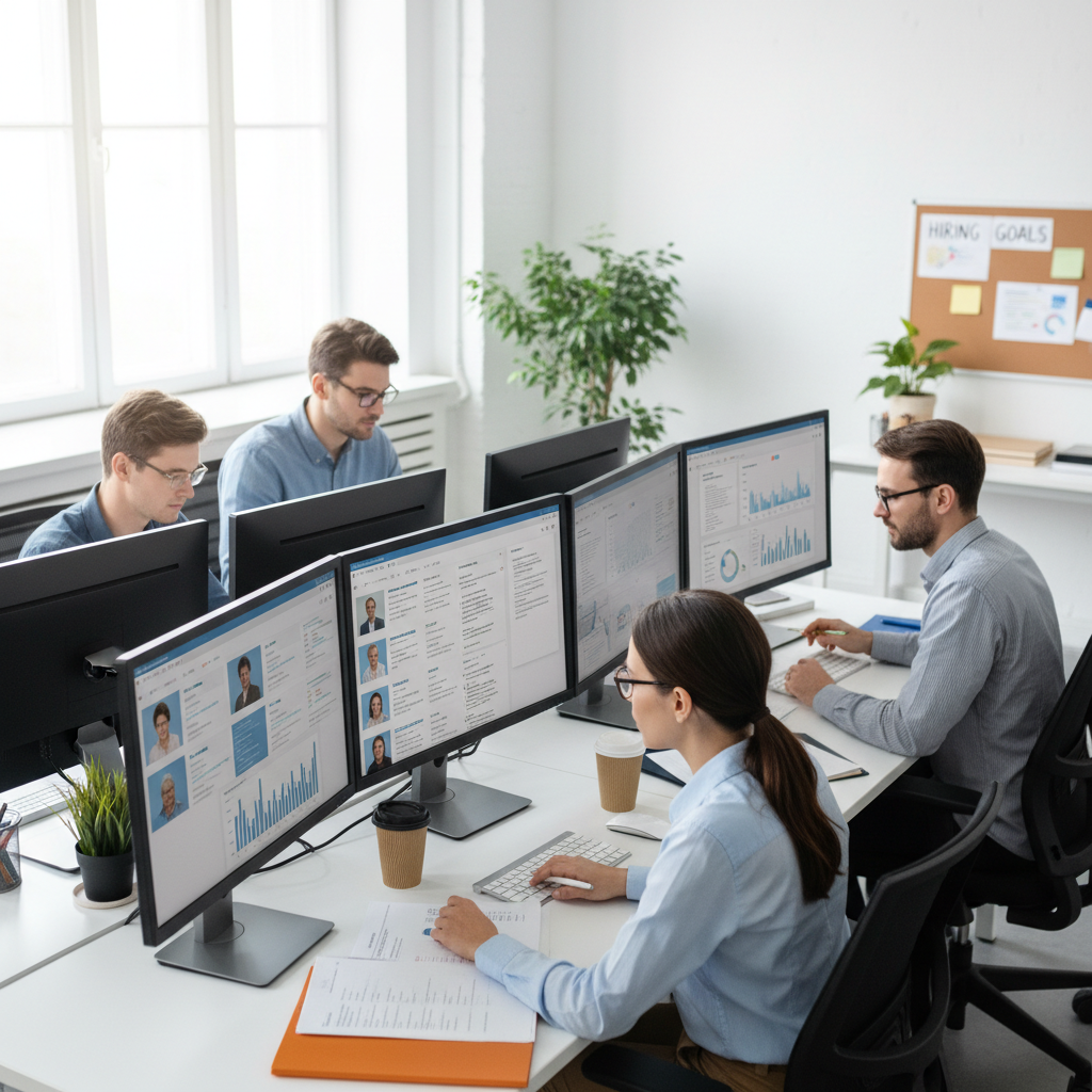 HR professional reviewing documents at a bright modern office desk, clean white walls, natural daylight