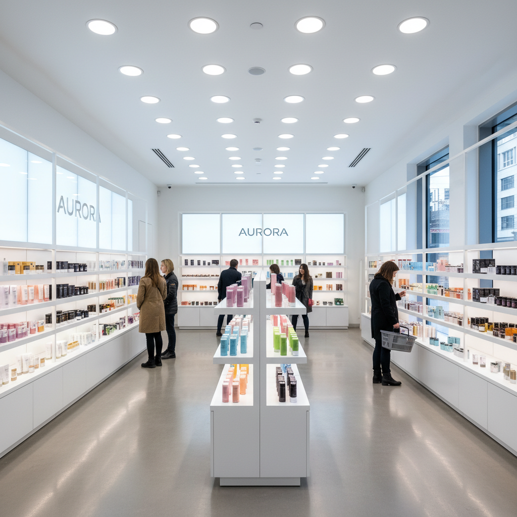 Modern retail store interior with clean shelving and soft ambient lighting, minimal shadows, bright airy environment